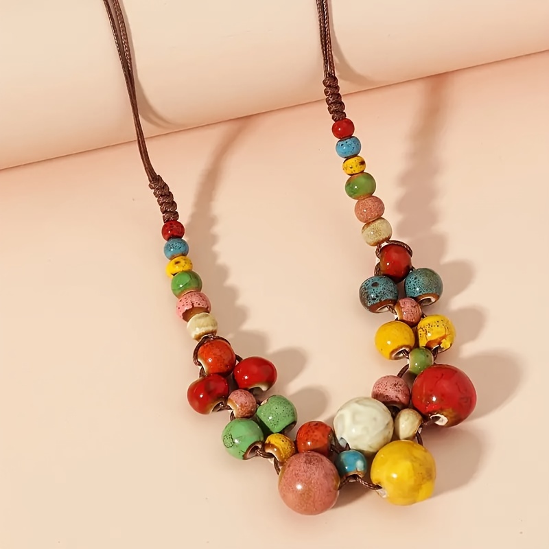 Bohemian Ceramic Bead Necklace Adjustable Chain Handcrafted Ethnic Jewelry